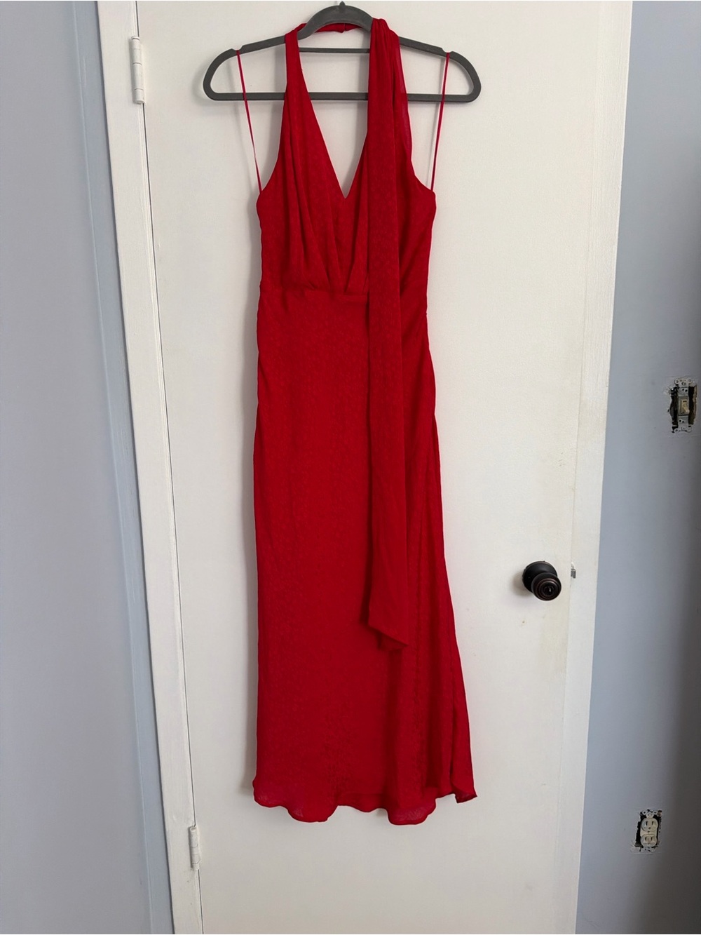 Zara Red Maxi Dress with V-Neck and Draped Sash